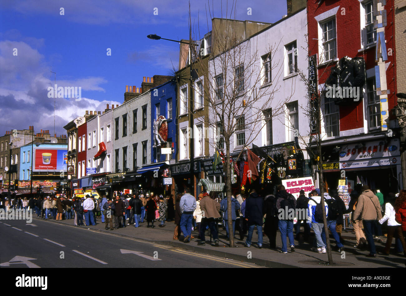 View of busy lively colourful street & shops in Camden Town London ...