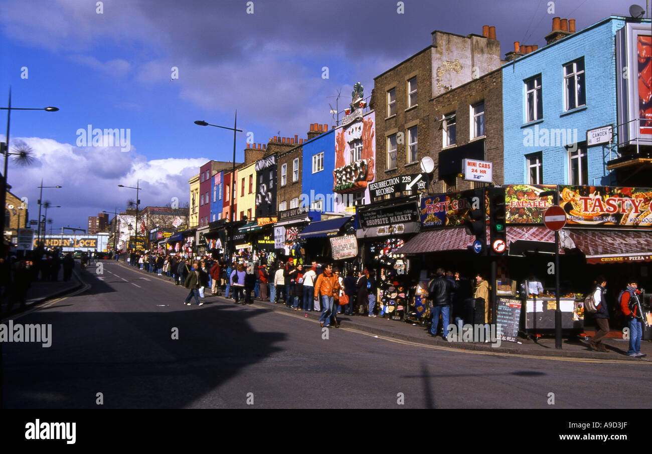 View of busy lively colourful street & shops in Camden Town London ...