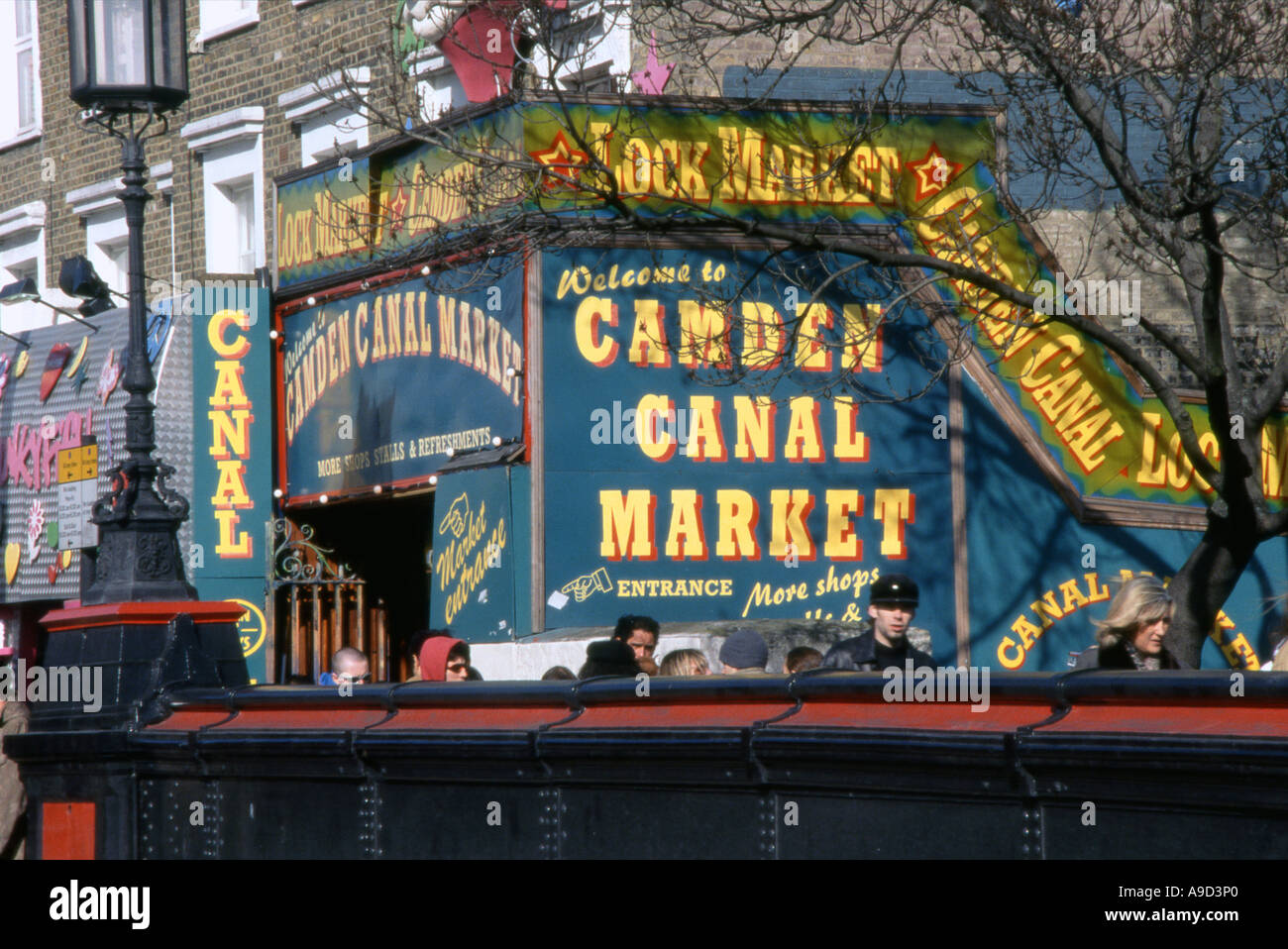View of the busy lively colourful Camden Canal Market in Camden Town ...