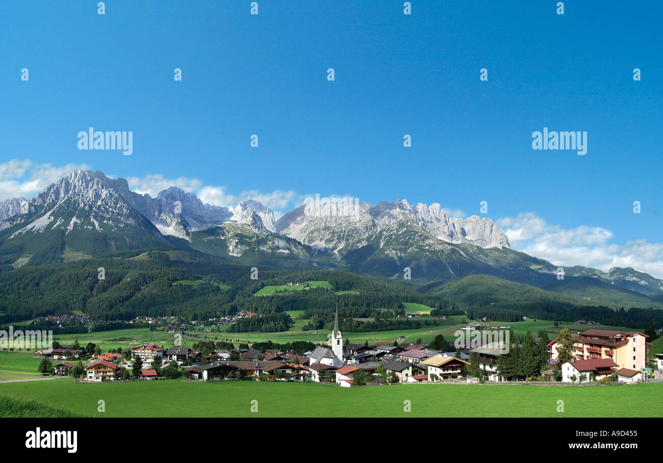 View over Ellmau towards the Wilde Kaiser Mountains, Ellmau, Tirol ...