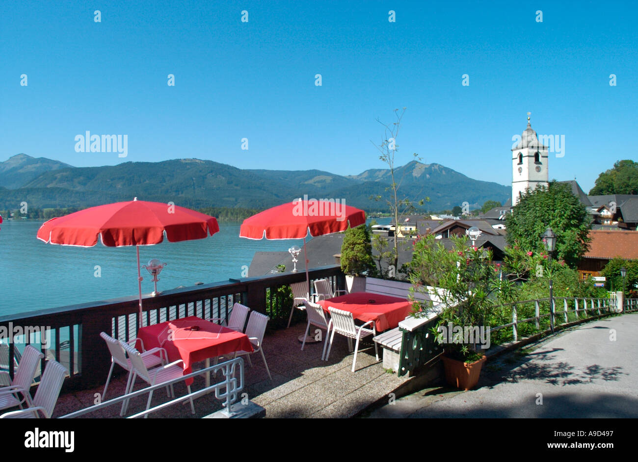 Restaurant terrace with a view over the lake, St Wolfgang, Lake Wolfgang, Salzkammergut, Austria Stock Photo