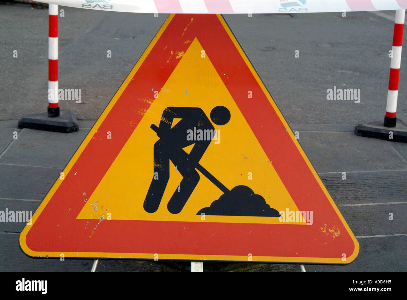 road, works, roadworks, sign, dig, earth, dug, digging, triangle Stock