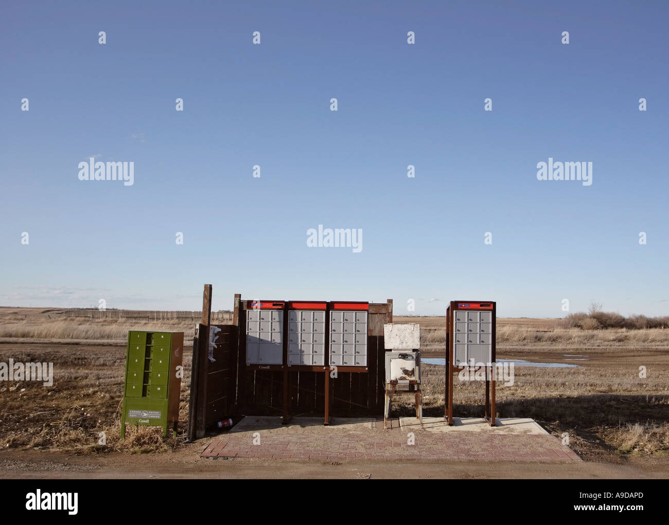 Rural mailboxes and an old stove at Disley in scenic Saskatchewan