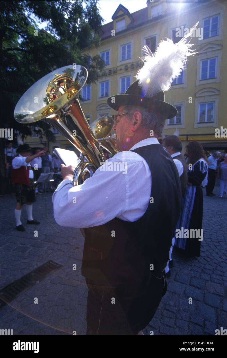 Bavarian Trombone player in Viktualienmarkt munich germany Stock Photo
