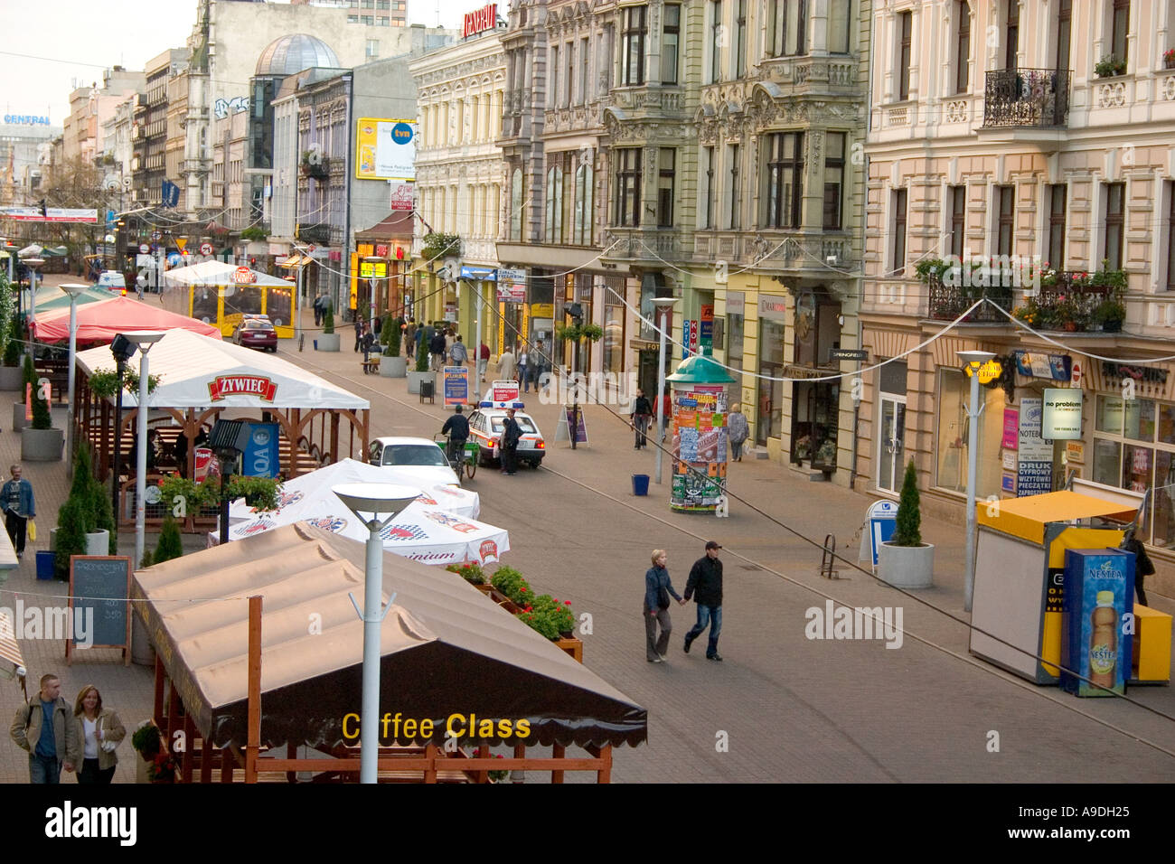 Historic Polish Piotrkowska Street with shops. Lodz Poland Stock Photo