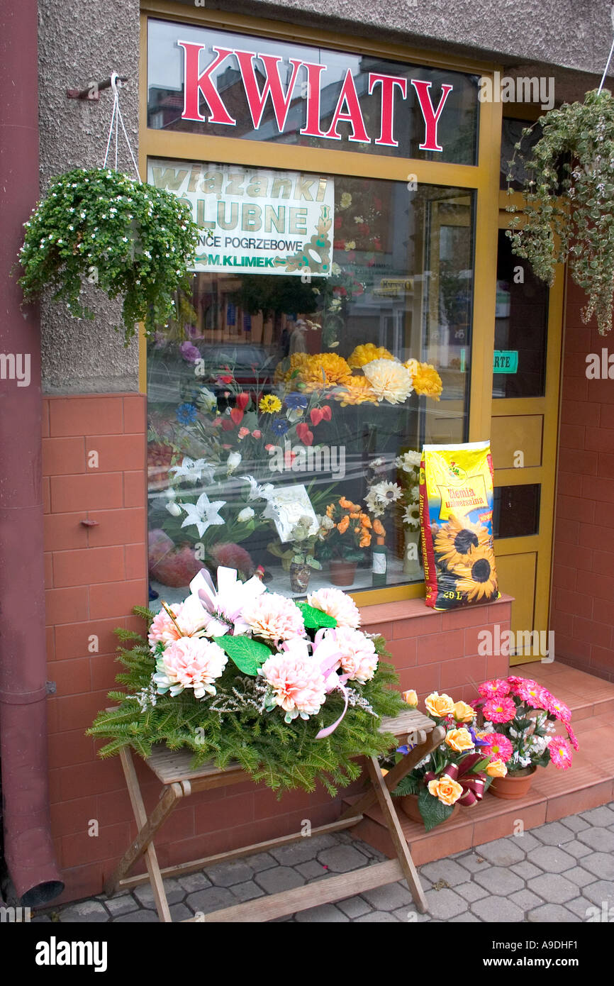 Beautiful display of flower shop exterior. Rawa Mazowiecka Poland Stock Photo