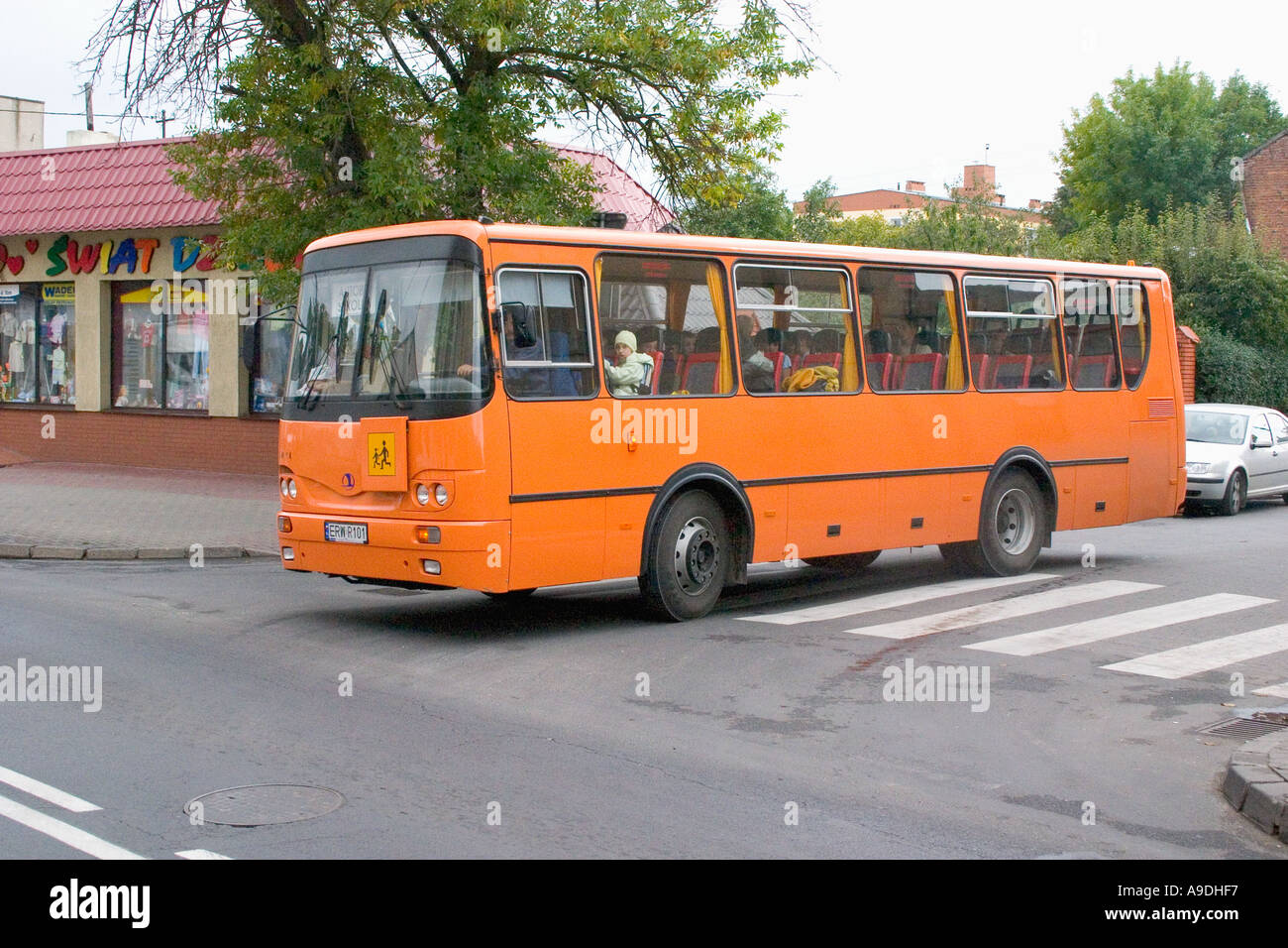 Orange tour bus. Rawa Mazowiecka Poland Stock Photo