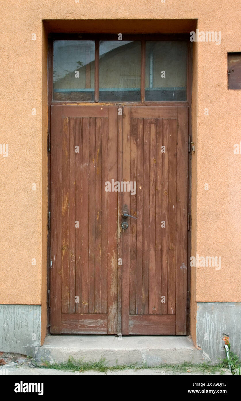 Wood door with glass transom. Rawa Mazowiecka Poland Stock Photo