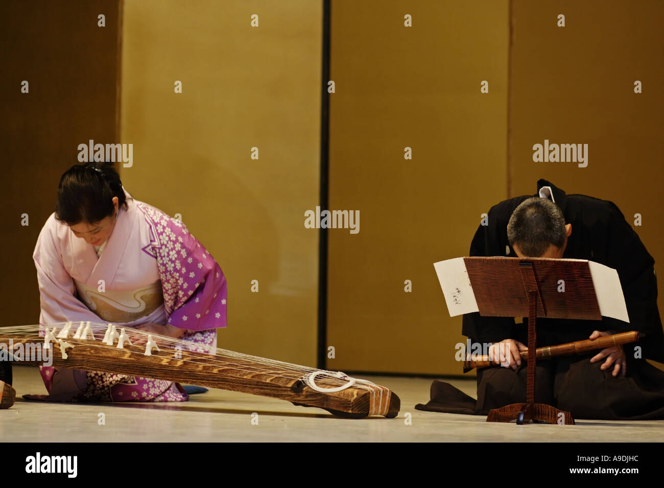 Japanese woman playing a Japanese harp (koto) and a man playing flute
