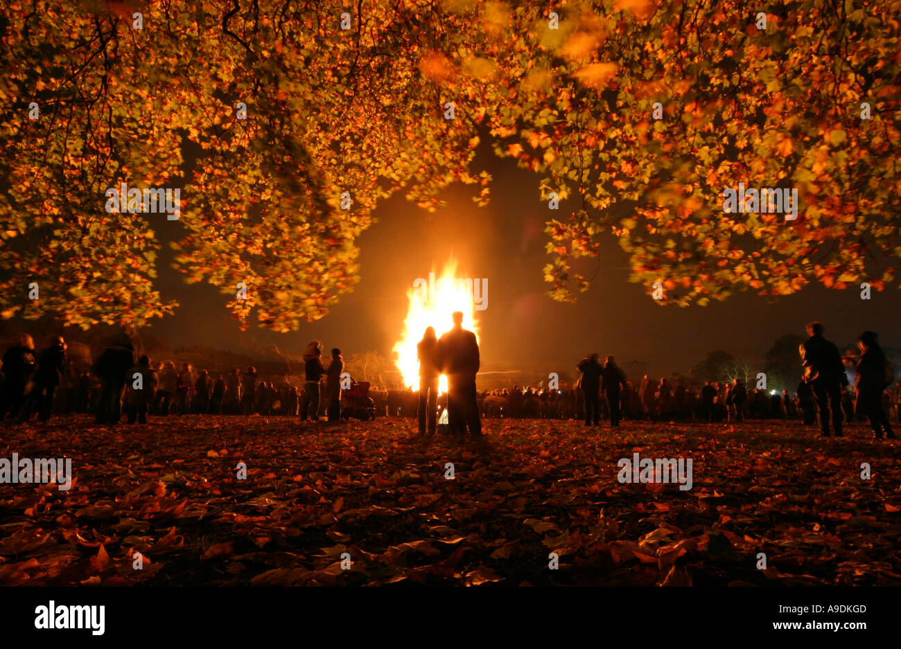 People watching a Guy Fawkes night bonfire Stock Photo