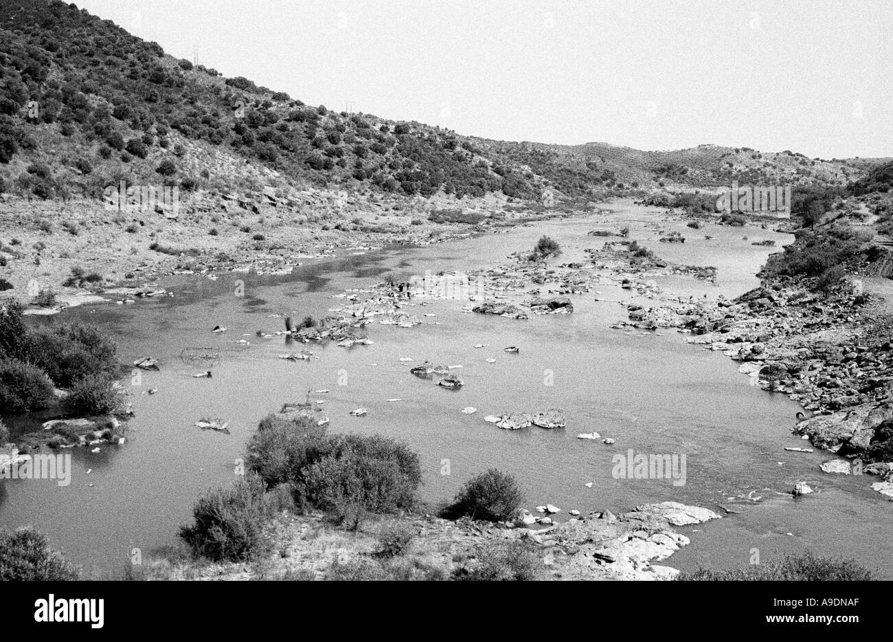 Guadiana river before the construction of the Alqueva Dam Now this area is submerged by a 250 sq km lake Stock Photo