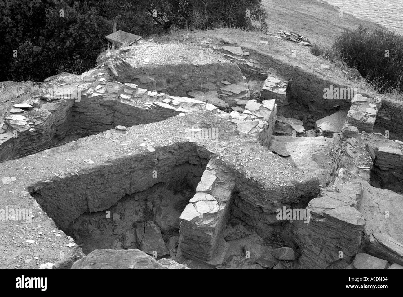 Roman ruins close to the Guadiana river before the construction of the Alqueva Dam Now this area is submerged by a 250 sq km lak Stock Photo