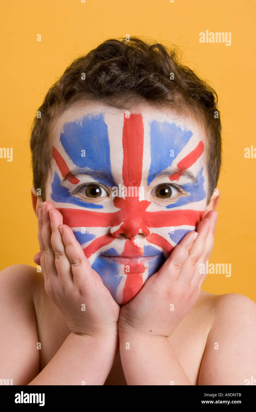 Small boy wearing Union Jack Flag face paint Stock Photo Alamy