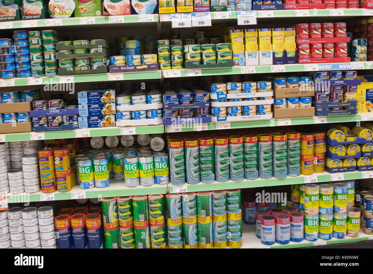 Tinned fish on supermarket shelves Stock Photo Alamy