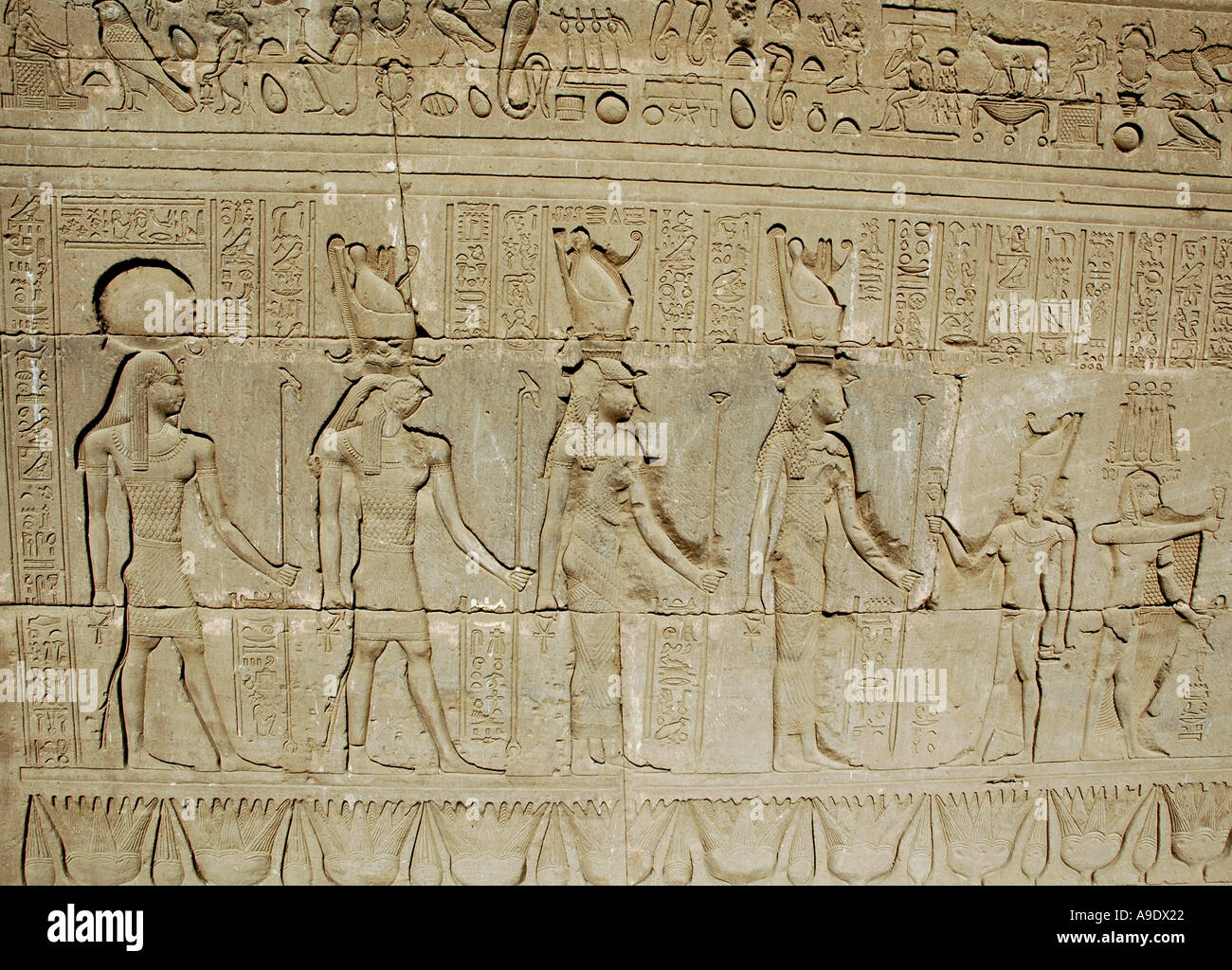 Hiroglyphics on the walls of the Temple of Hathor Denderah Qena Egypt Stock Photo