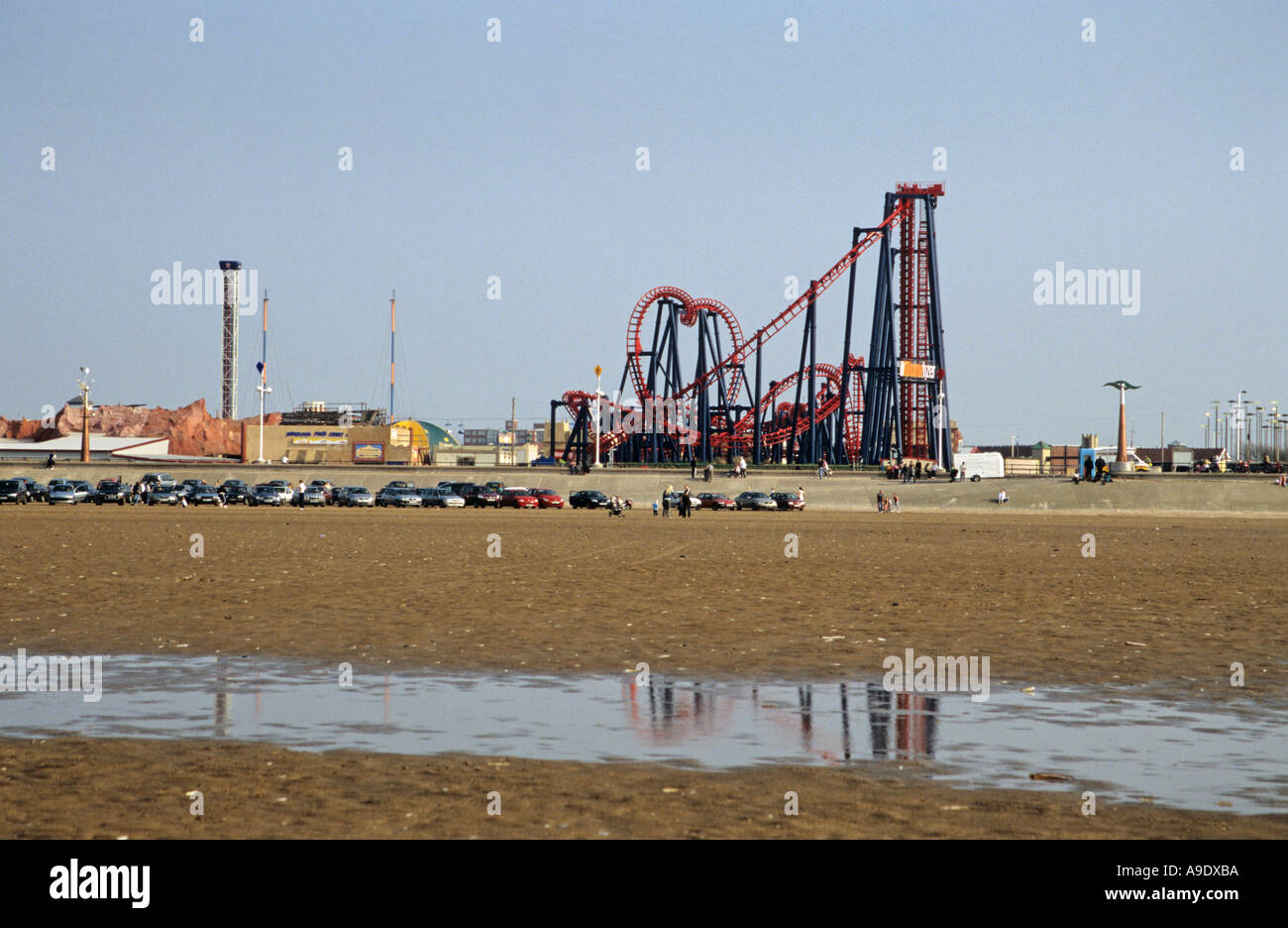 Southport beach with TraumaTizer fairground ride in distance Stock Photo