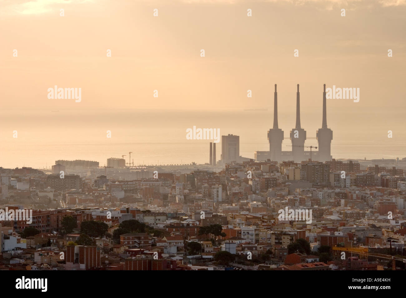 Badalona and Santa Coloma and industrial chimneys Stock Photo