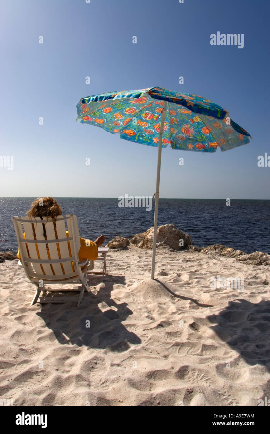 Back View Of Someone Sitting On A Beach Chair Under An Umbrella Looking Out To Sea Stock Photo Alamy