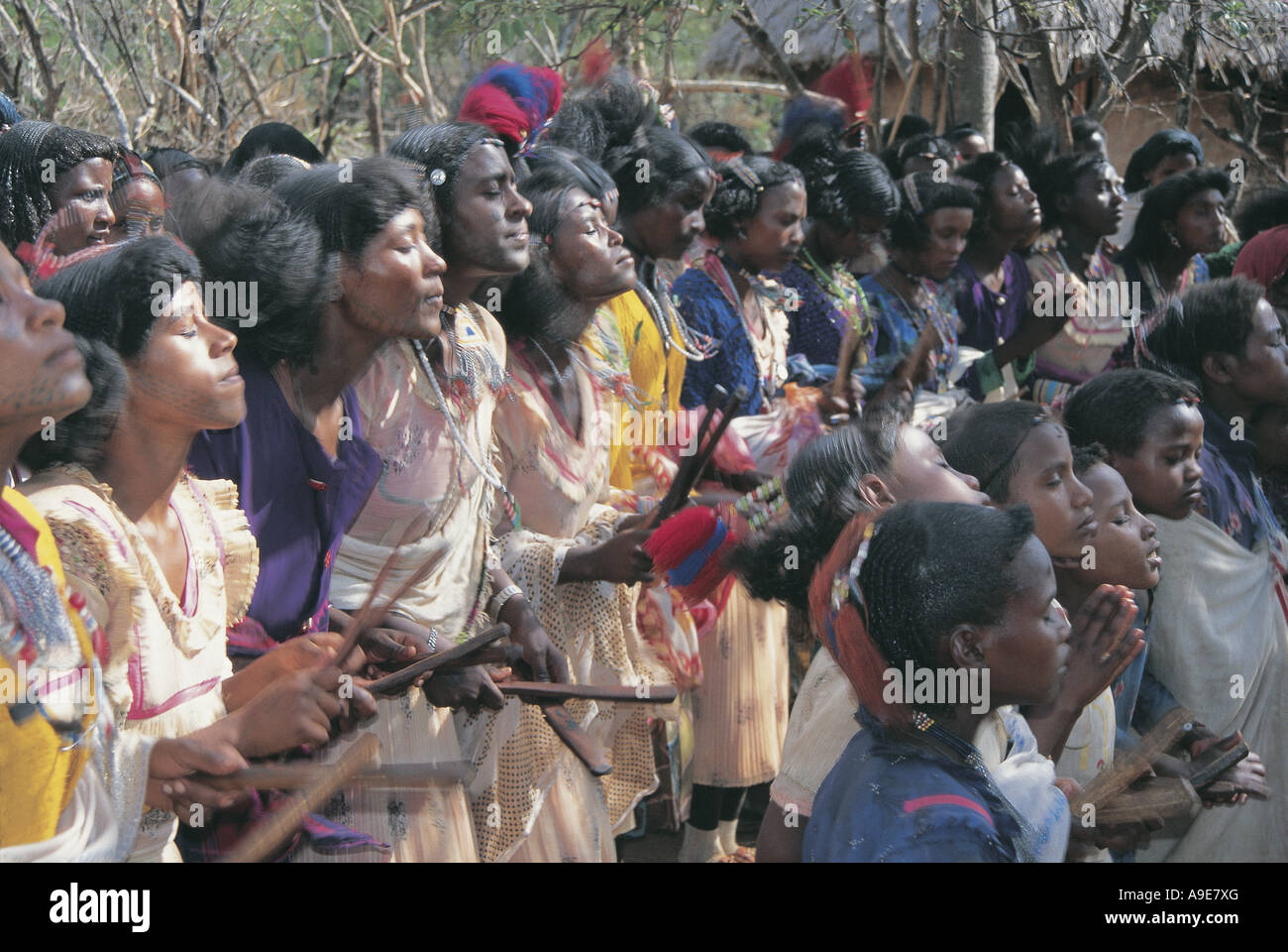 Fertility dance girls meet boys Lake Langano Ethiopia Stock Photo