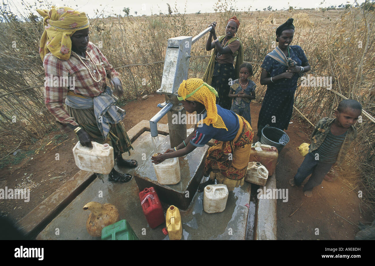 United Nations installed water pump point People collecting water Mekele Ethiopia Stock Photo