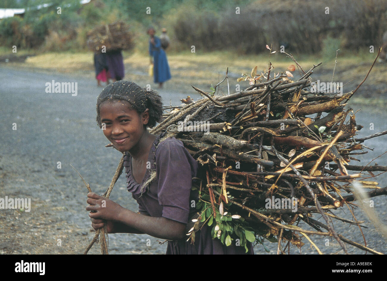 Young woman carries huge bundle of wood on her back Ethiopia Stock Photo