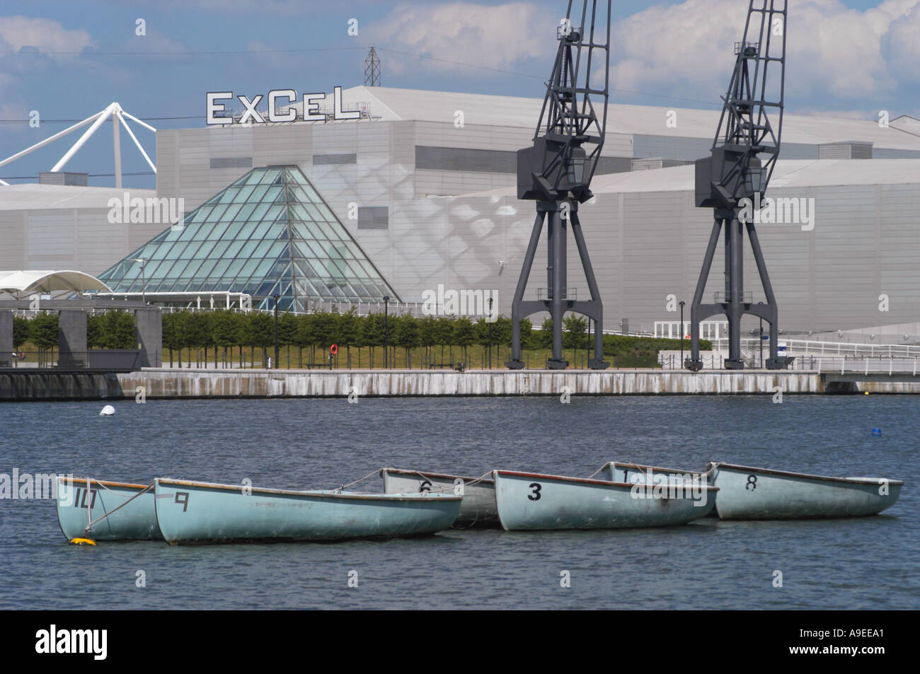 Moored rowing boats and Excel centre, Royal Victoria Dock, Canning Town
