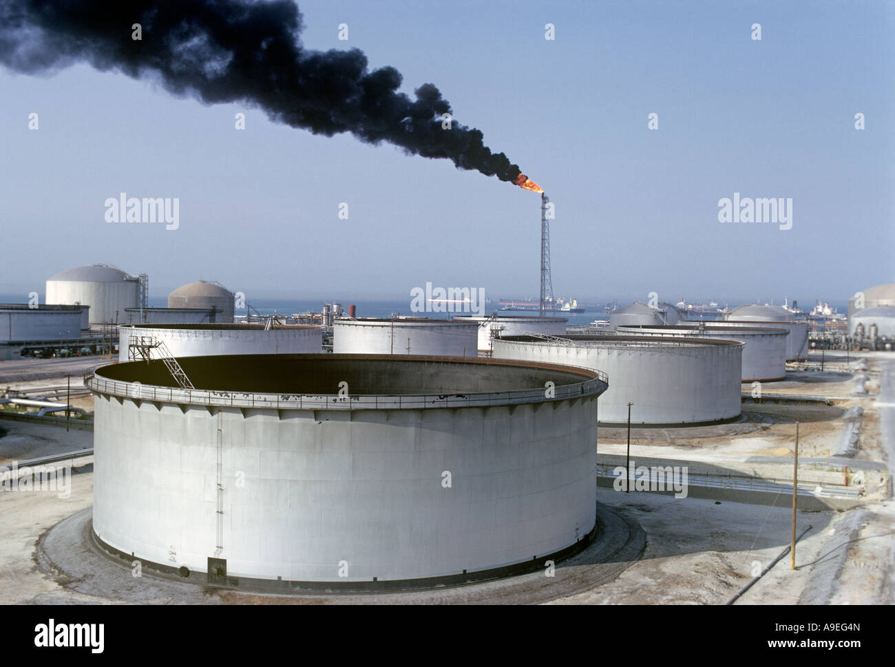 Saudi Arabia.Oil storage tanks at Ras Tanura.It is theHQ of SaudiAramco theAmerican co, set up atthe timeof King Abdul Aziz(1938 Stock Photo