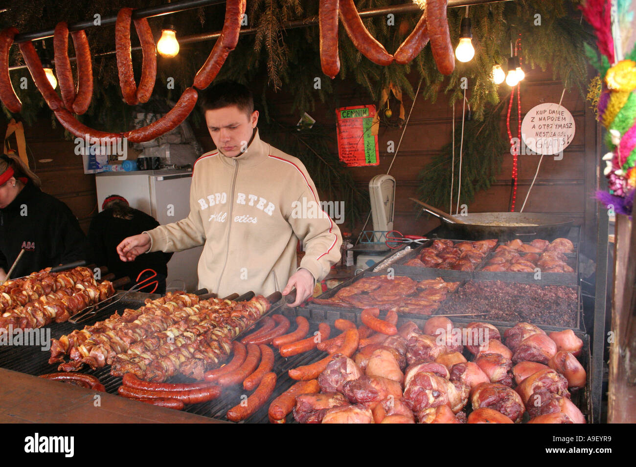 Polish sausages or z kielbasq and ham knuckles or golonkabeing being