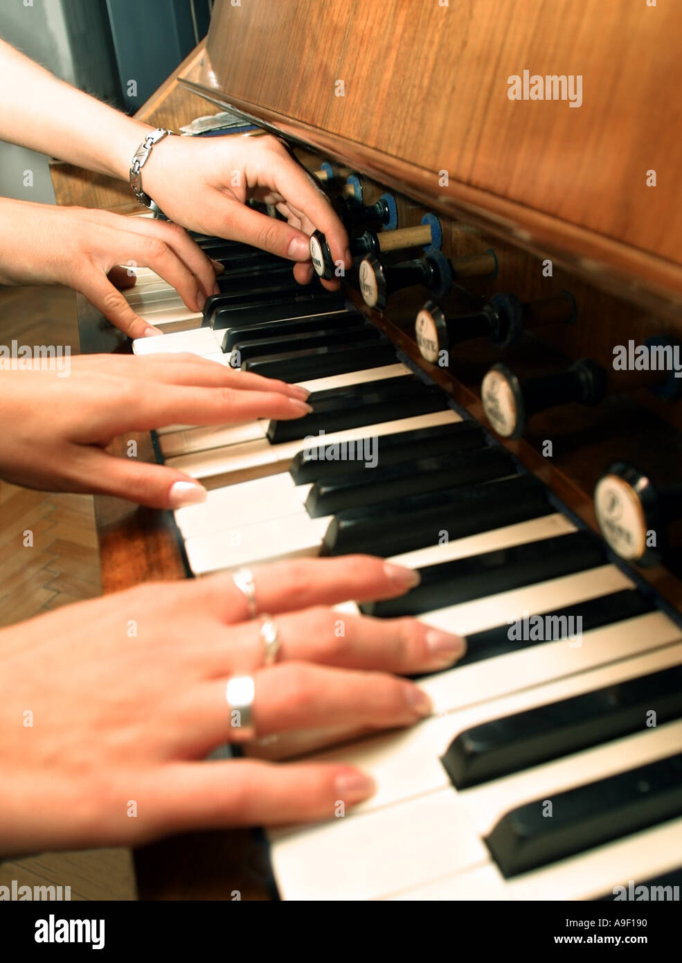 Four Hands on Harmonium Digitals Stock Photo