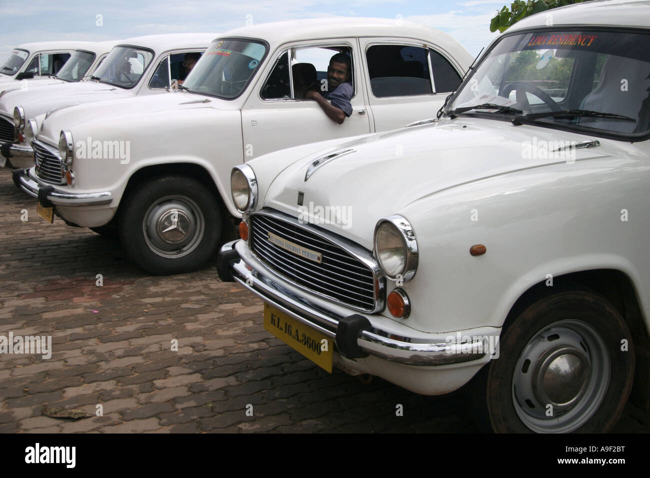 White Ambassador taxi cars line up waiting for fares in Varkala, Kerala, South India Stock Photo
