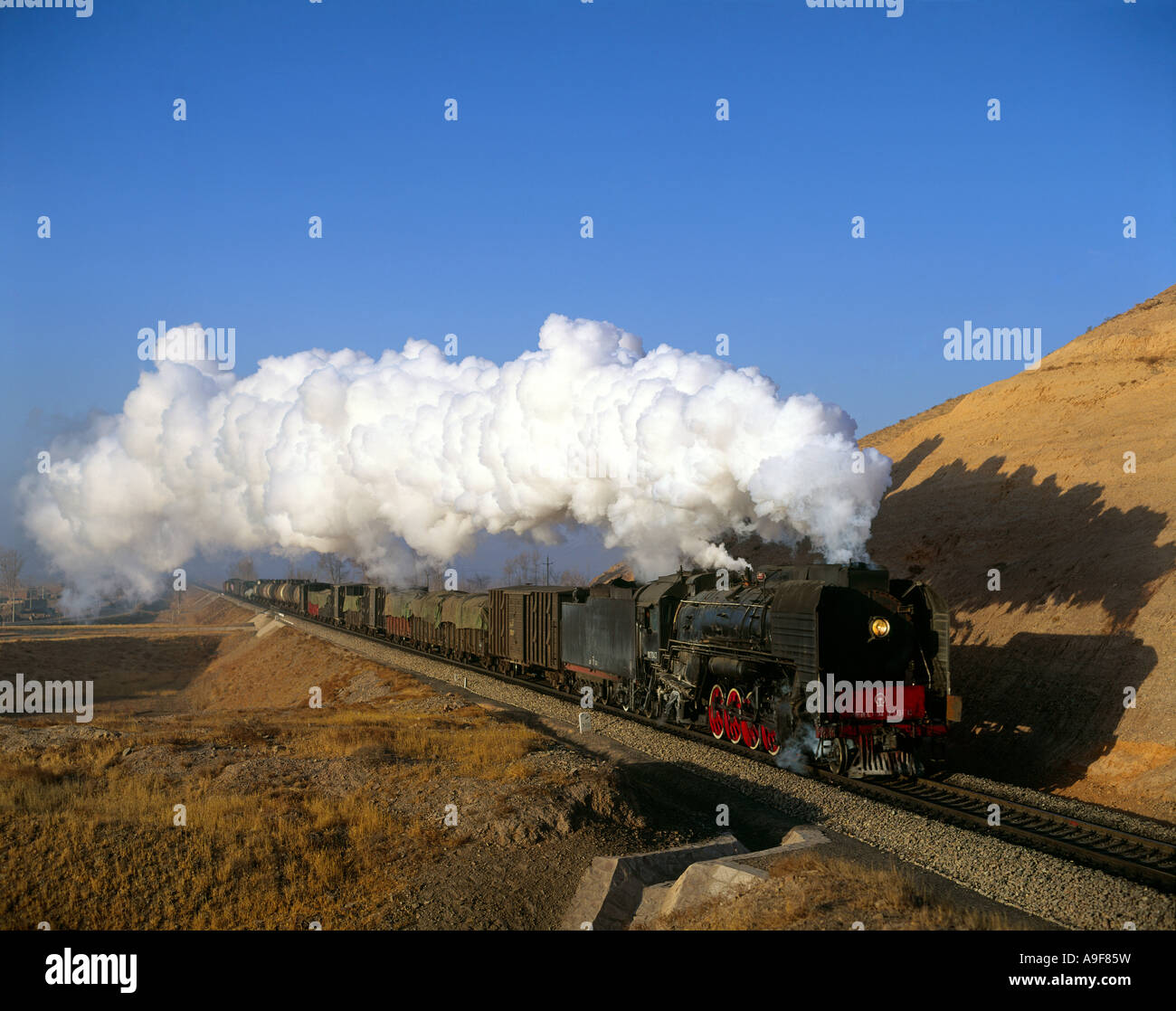 Chinese Steam Loco Hauled freight train Stock Photo