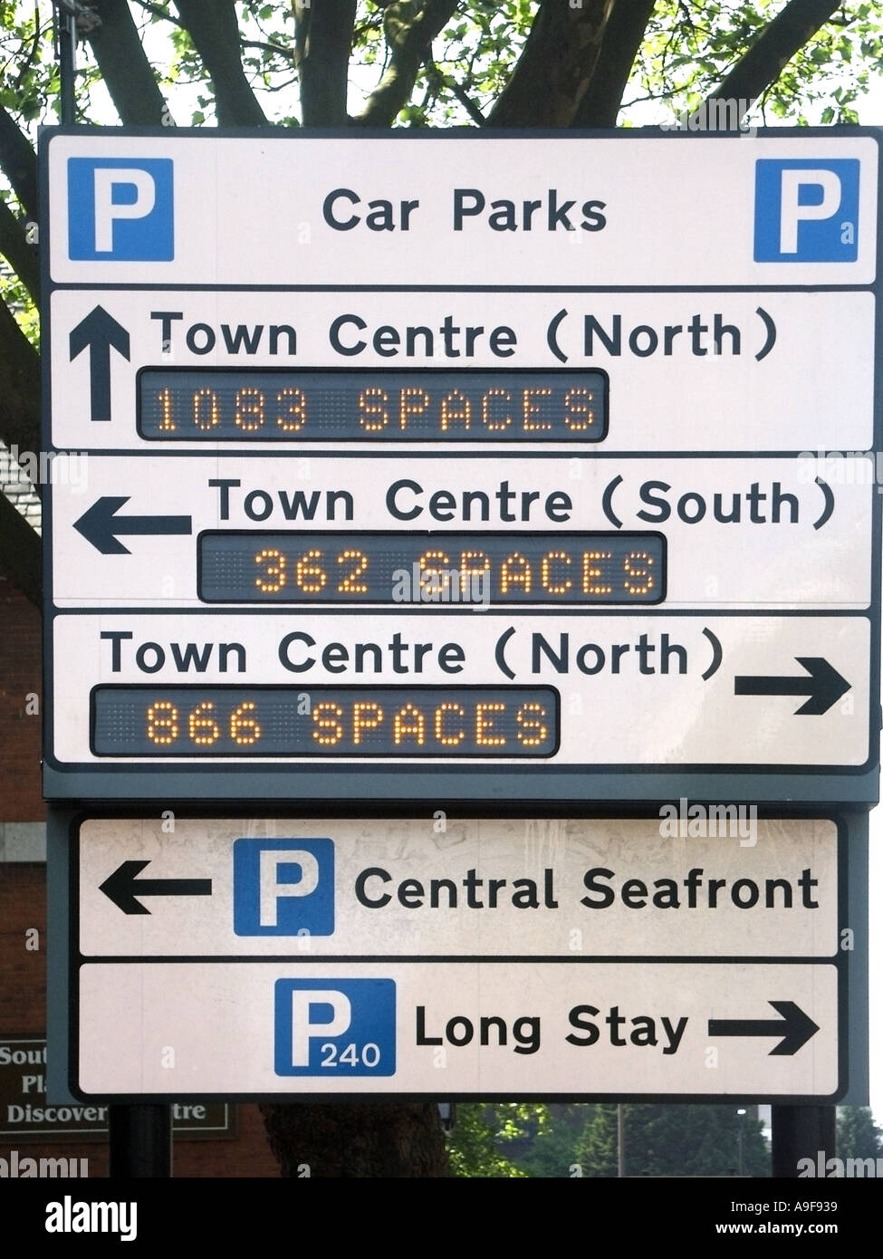 Southend on Sea electronic sign indicating location of car parks and numbers of parking spaces Stock Photo