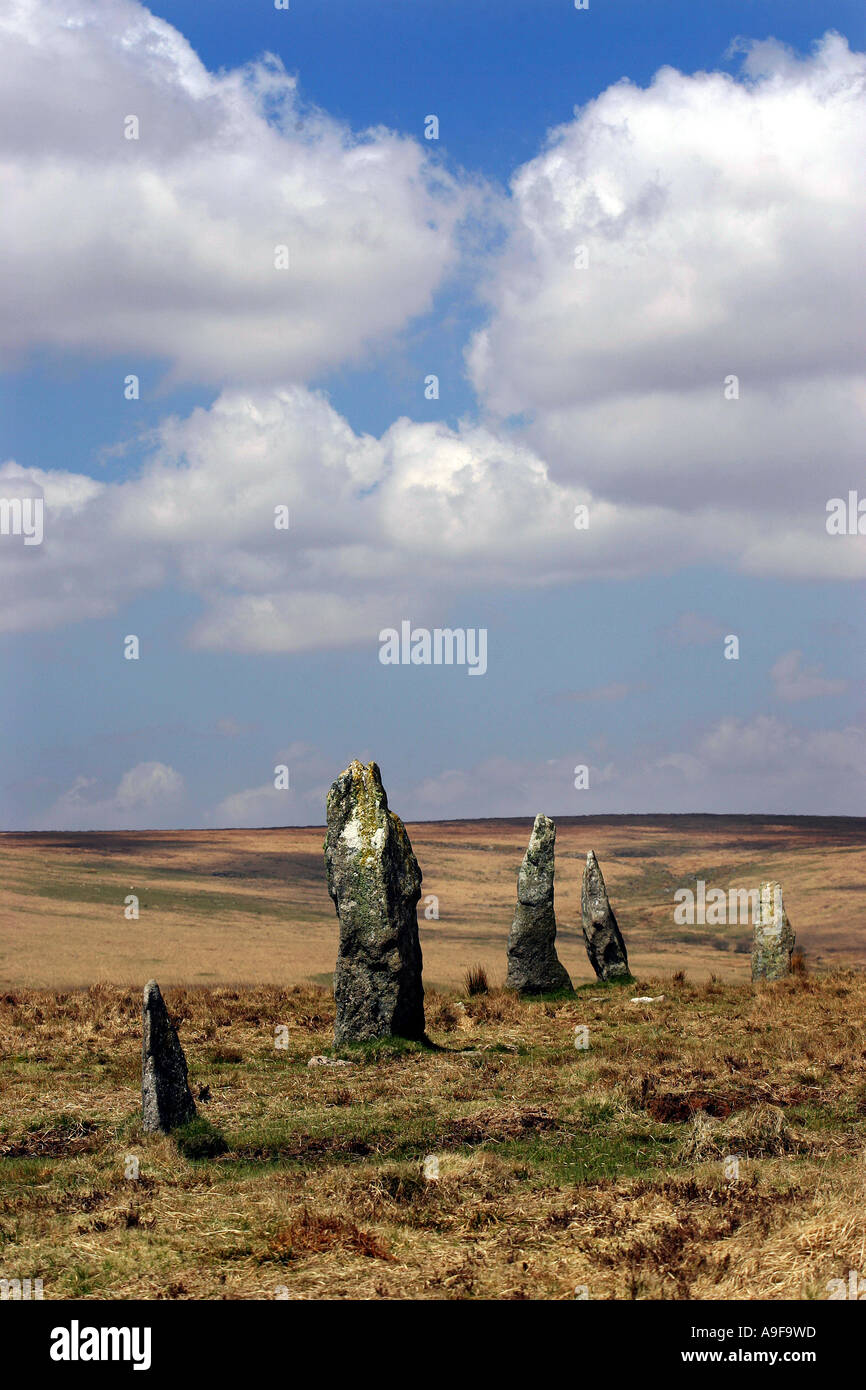 The standing stones at Stalldown Barrow on Dartmoor Stock Photo