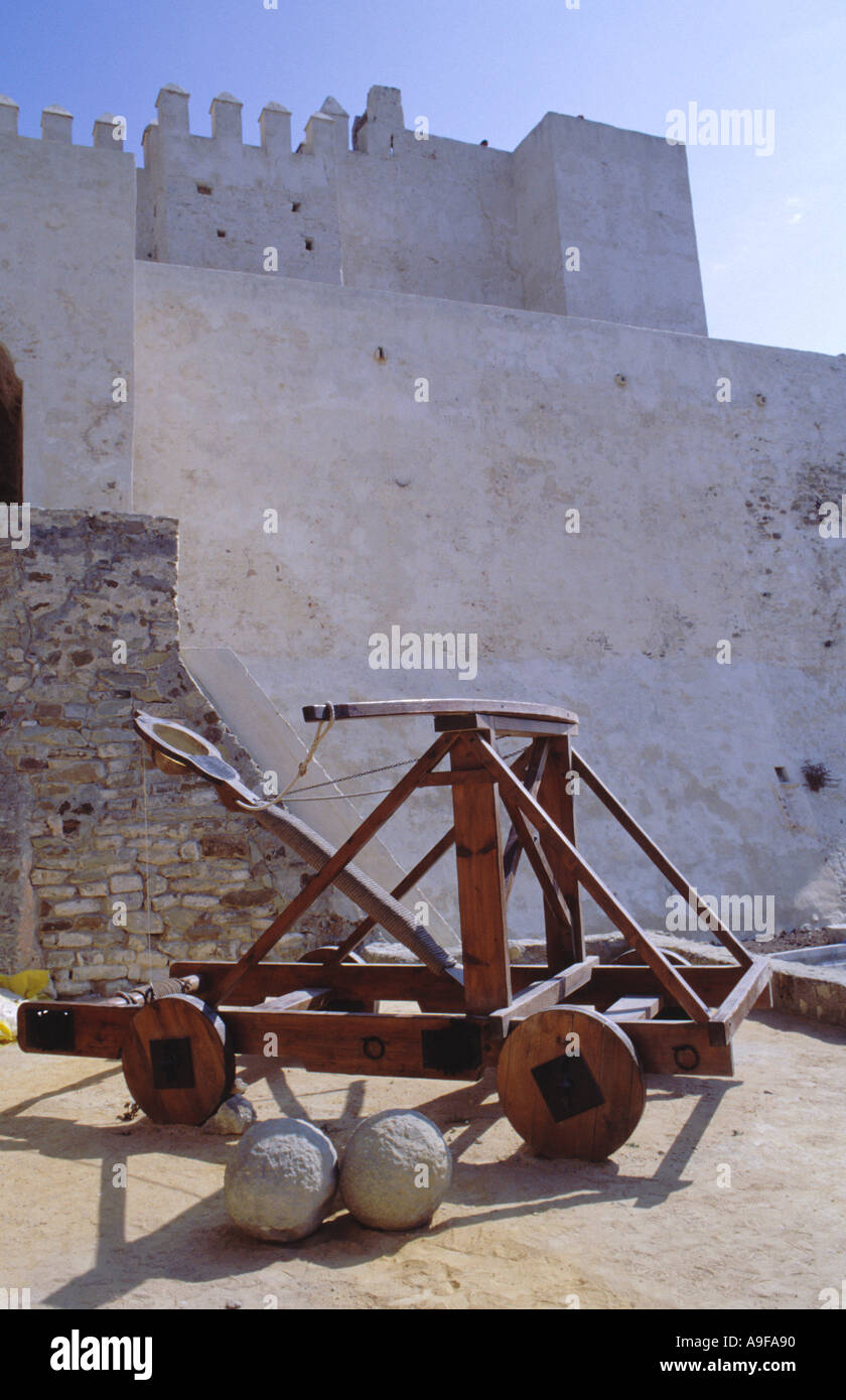 Medieval catapult at the castle of Guzman el Bueno in Tarifa Spain trebuchet Stock Photo