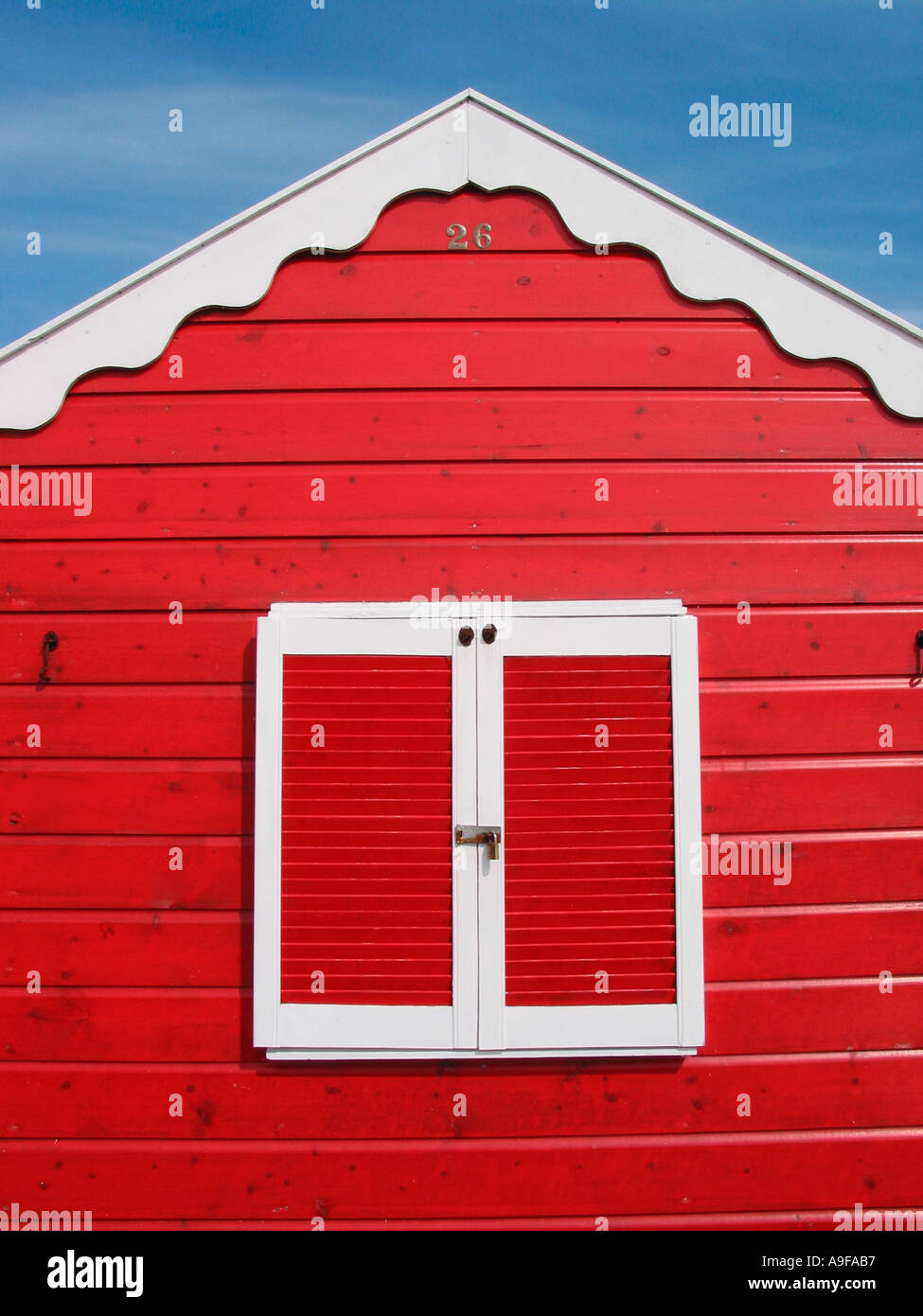 Colourful Red Beach Hut, Southwold, Suffolk, England, United Kingdom Stock Photo
