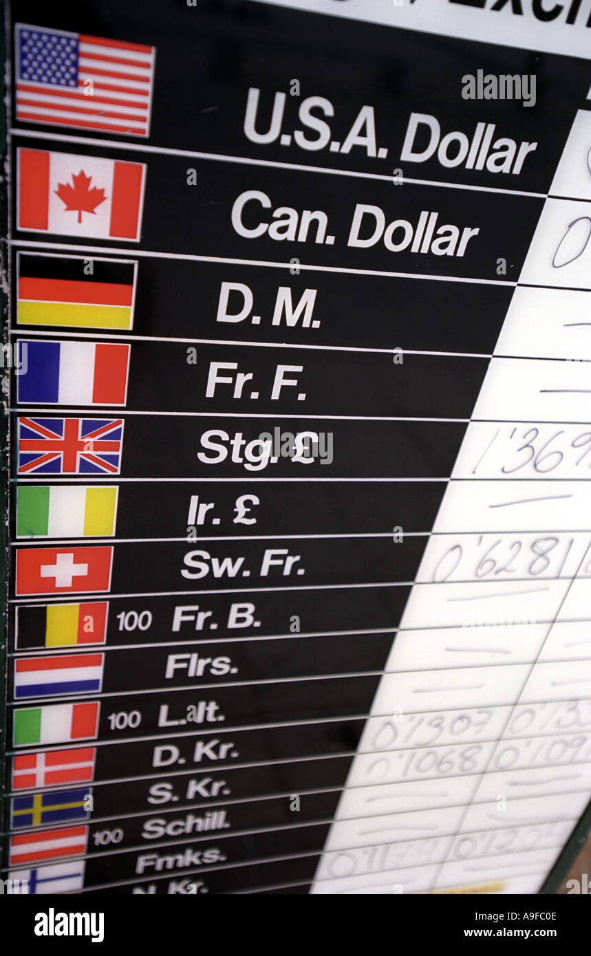 A Bureau De Change Exchange Rate Display Stock Photo Alamy