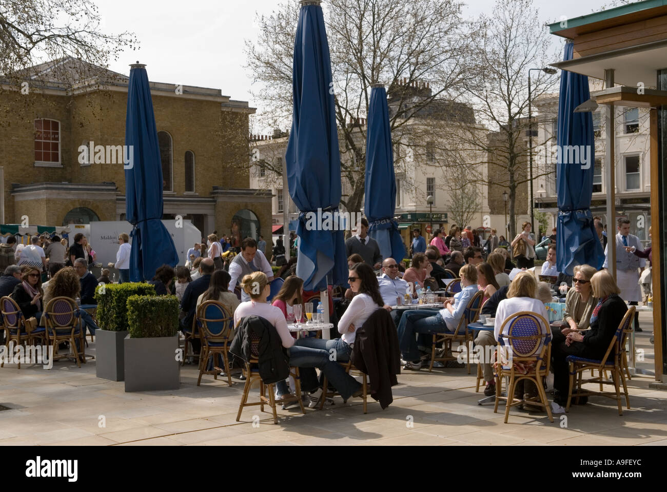 Restaurant eating outside Kings Road. Duke of York square. London SW3