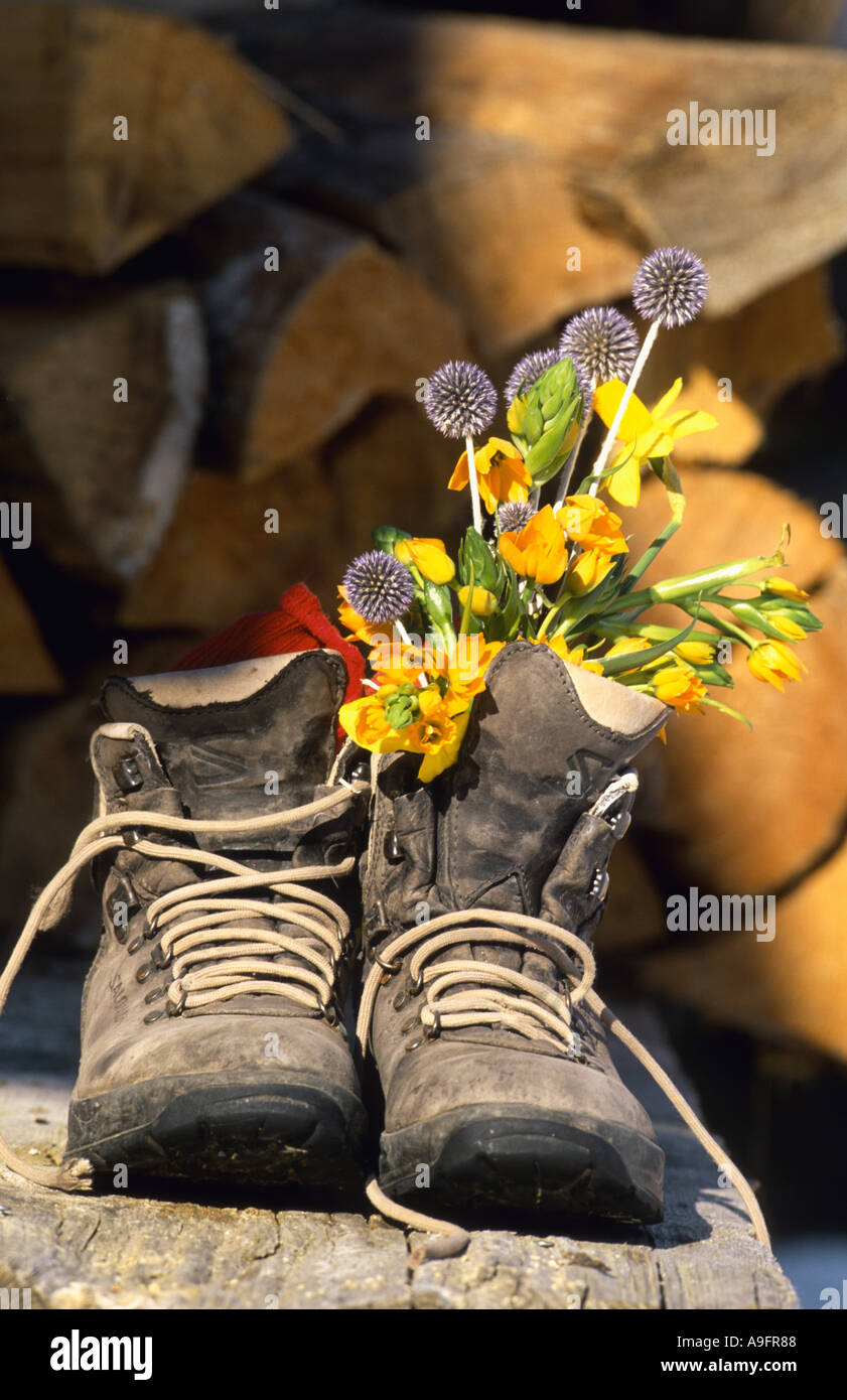 hiking boots with bouquet of flowers Stock Photo - Alamy