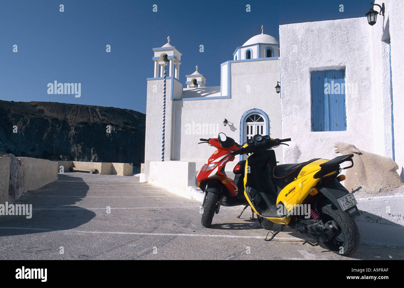 church in the North of Milos, with motor scooter, Greece, Milos Stock