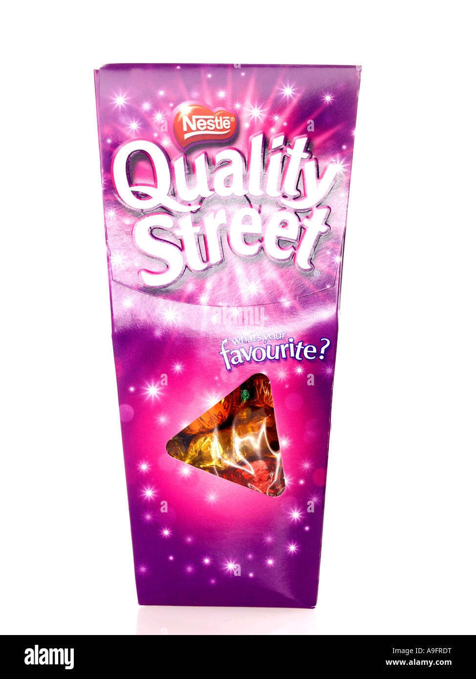 Box Of Branded Assorted Individually Wrapped Quality Street Chocolates Selection Isolated Against A White Background With No People Stock Photo