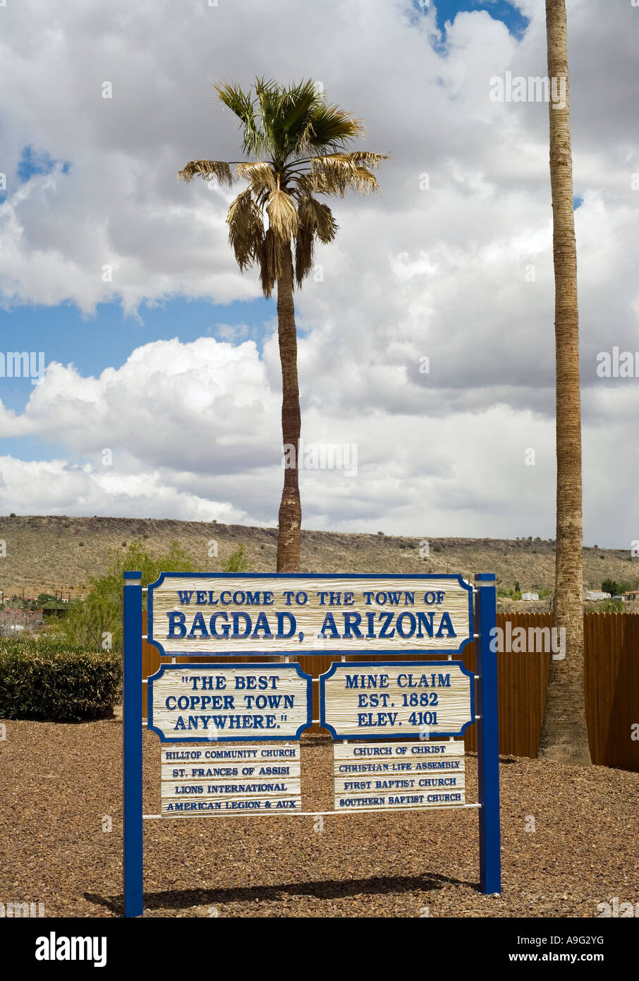 Sign welcoming visitors to the city of Bagdad Arizona Stock Photo