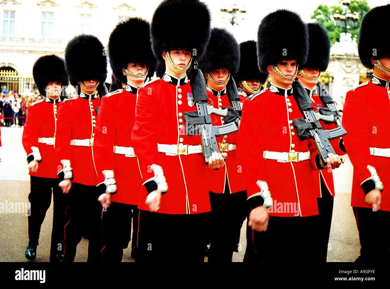 Royal Guards, marching in front of the Buckingham Palace, Changing of the Guards Militaer, Parade, Waffen, Gewehr, Reihenfolge, Stock Photo