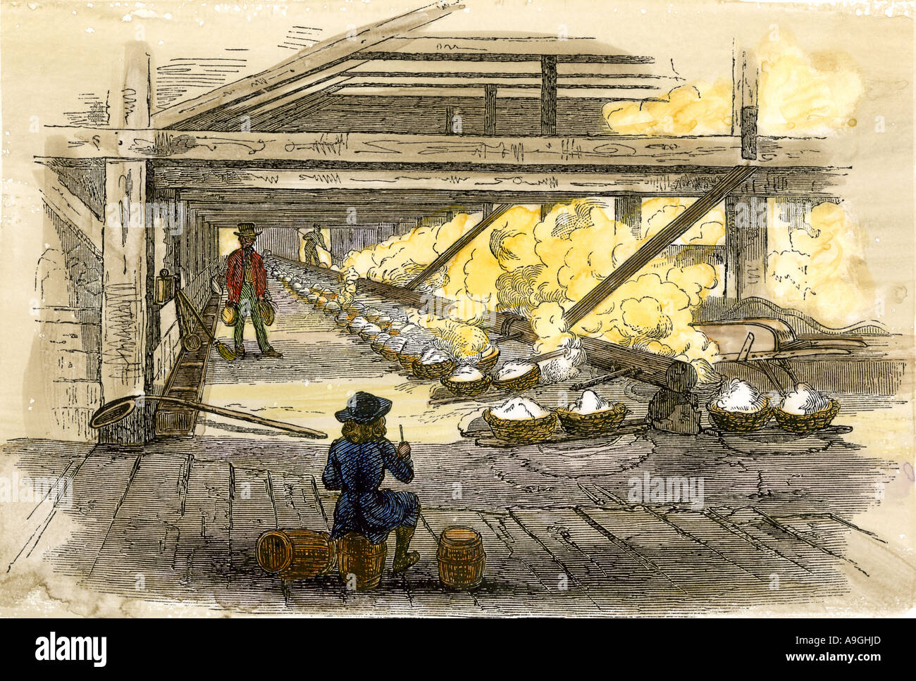 Interior view of the salt works in West Virginia 1850s. Handcolored
