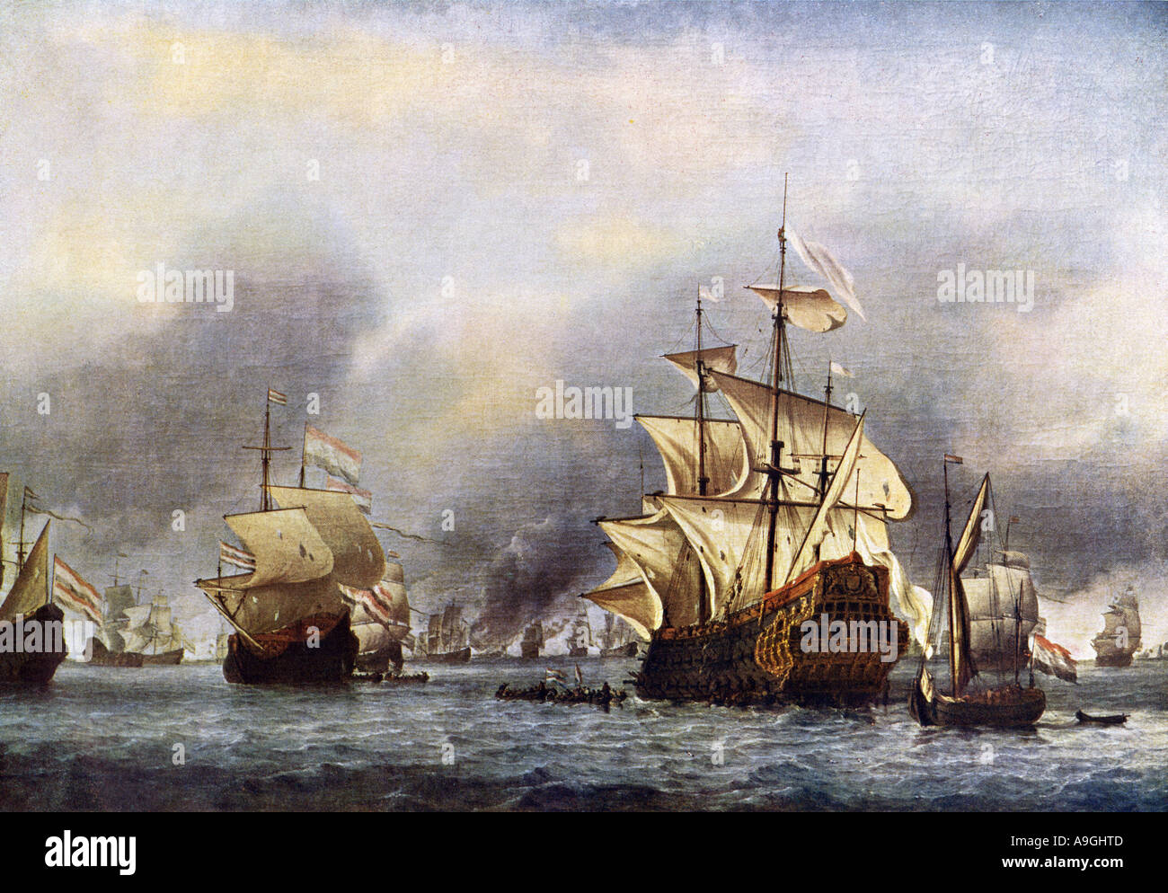 Sea fight between England and Holland June 1666. Color halftone of a painting Stock Photo