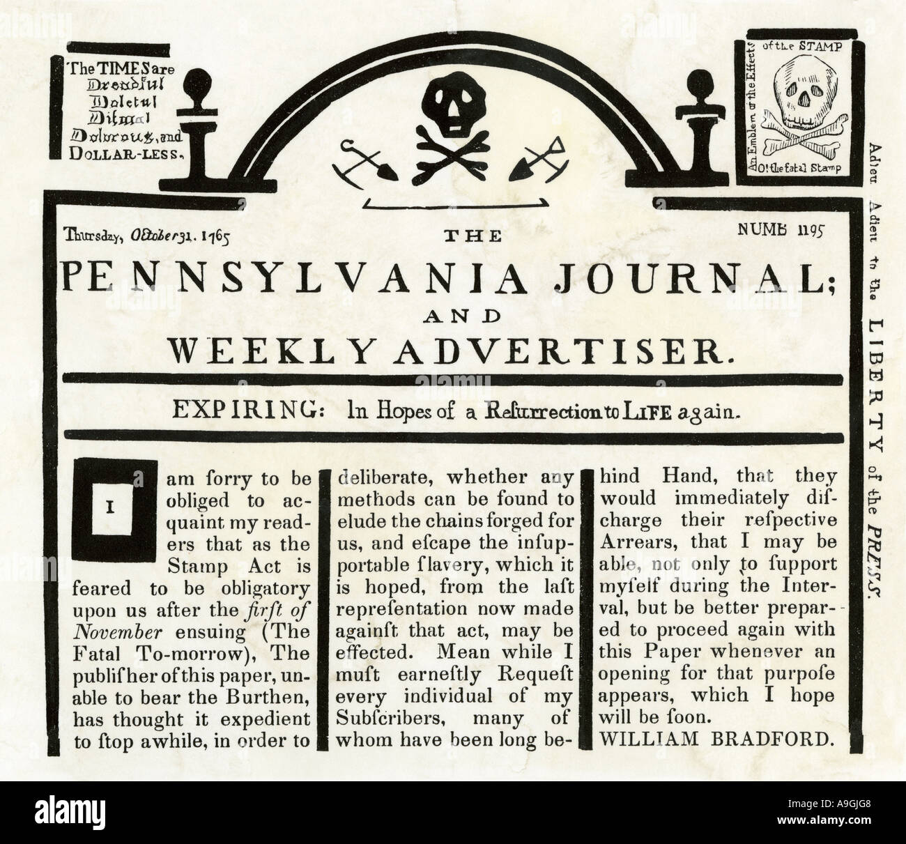 Pennsylvania Journal and Weekly Advertiser protesting Stamp Act by replacing a royal tax stamp with a skull 1765. Woodcut with a watercolor wash Stock Photo