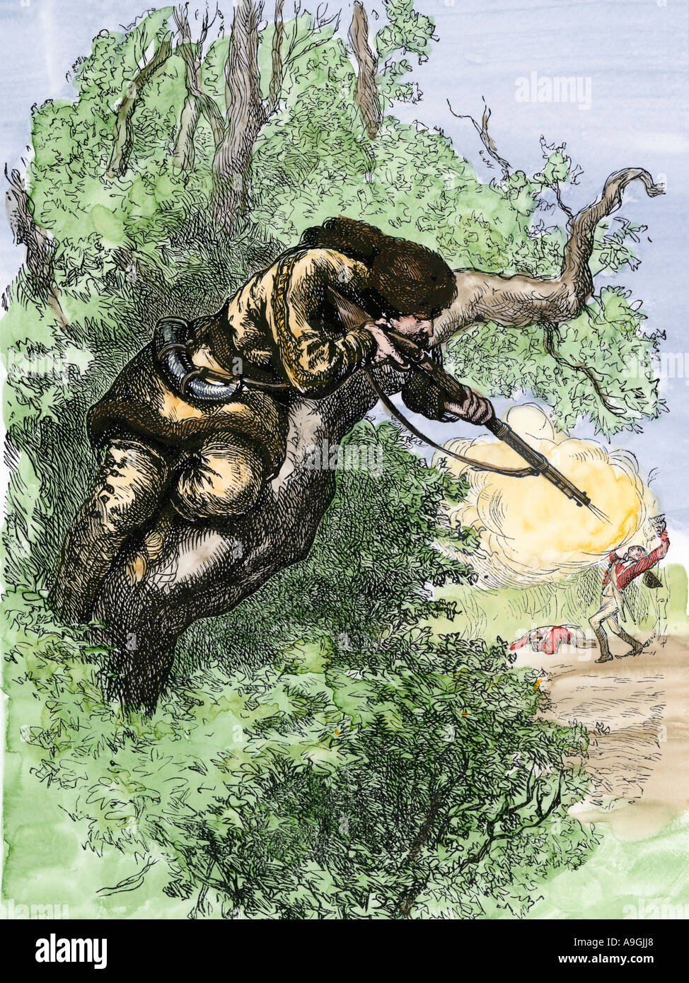 American marksman in a tree firing at British soldiers during the Revolutionary War. Hand-colored woodcut Stock Photo