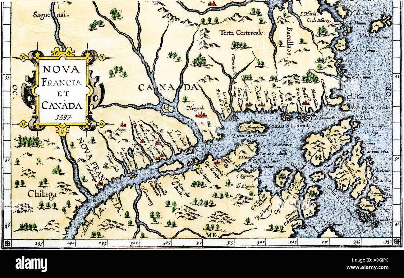 Map of New France and Canada in 1597. Hand-colored woodcut Stock Photo