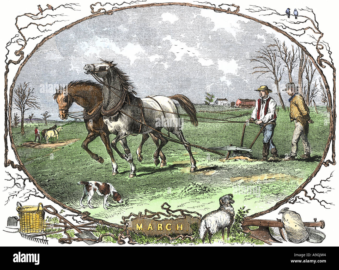 Pair of horses pulling a plow, a calendar illustration for the month of March 1850s. Hand-colored woodcut Stock Photo