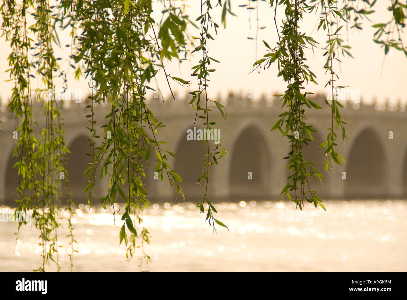 Summer Palace willows framing Seventeen Arch Bridge on Kunming Lake, Beijing Stock Photo