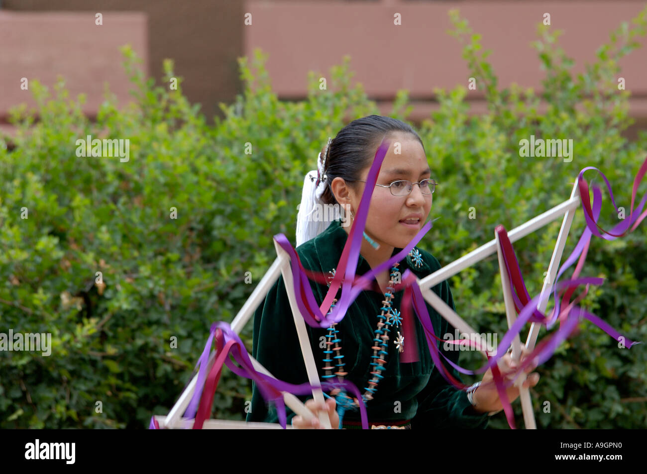 Navajo Blue Eagle Dancer performing the Ribbon Dance at the Intertribal ...
